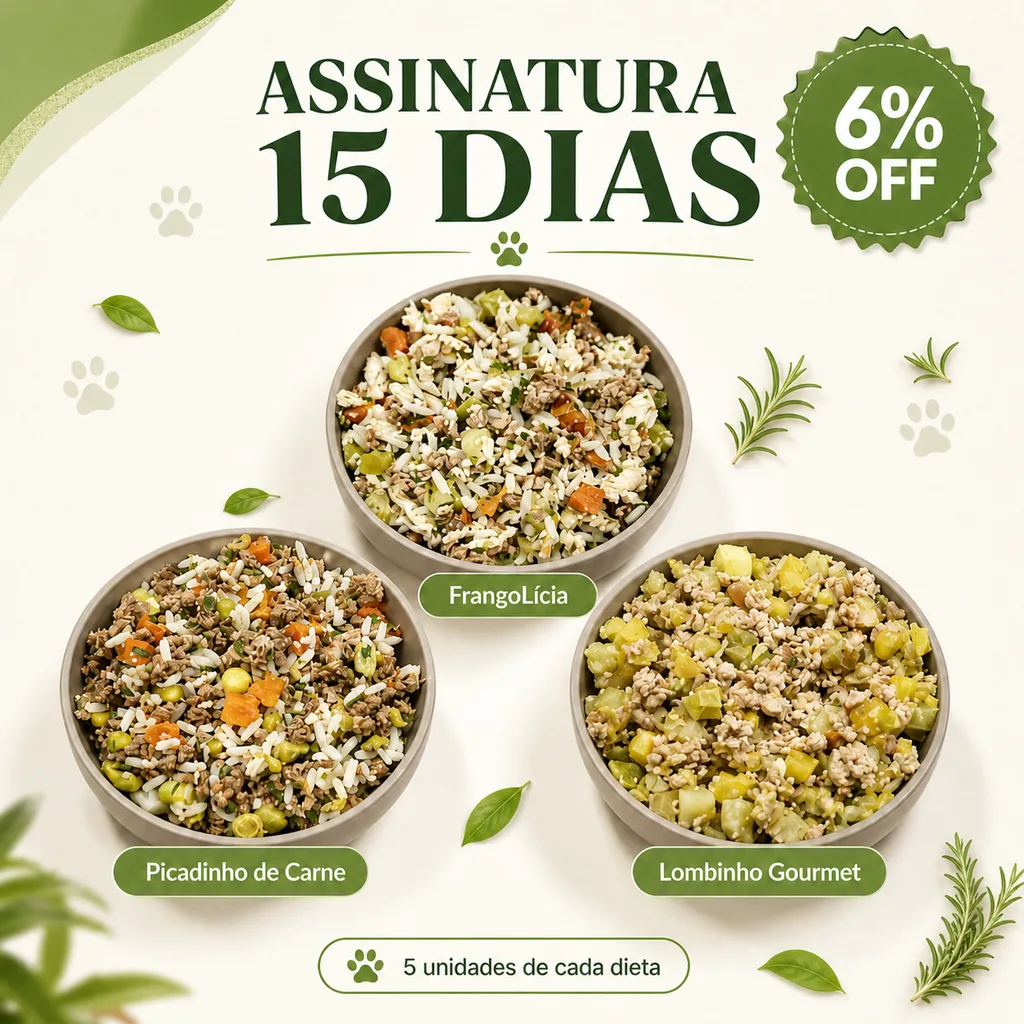 Assinatura de 15 dias com Picadinho de Carne, FrangoLícia e Lombinho Gourmet