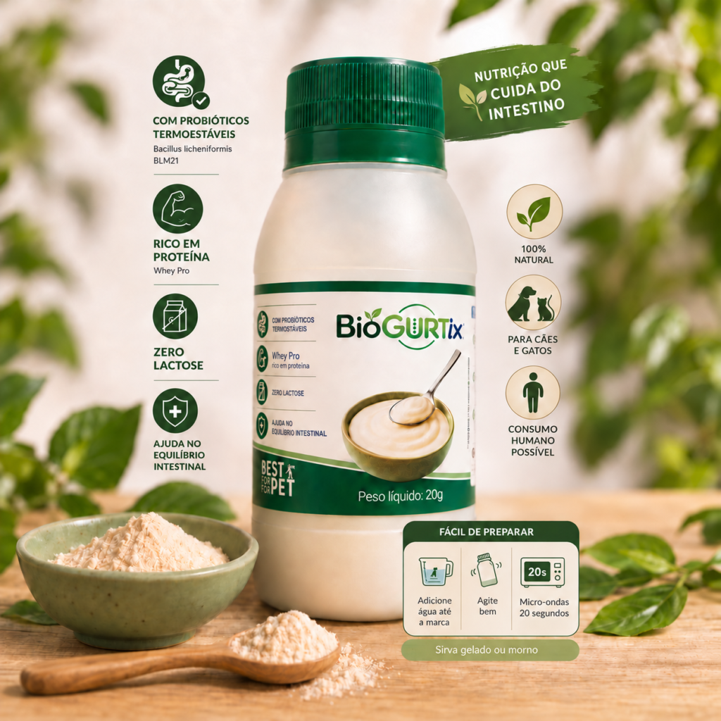 BioGurtix 20g para cães e gatos. Adicione água até a marca, agite bem e leve ao micro-ondas por 20 segundos.