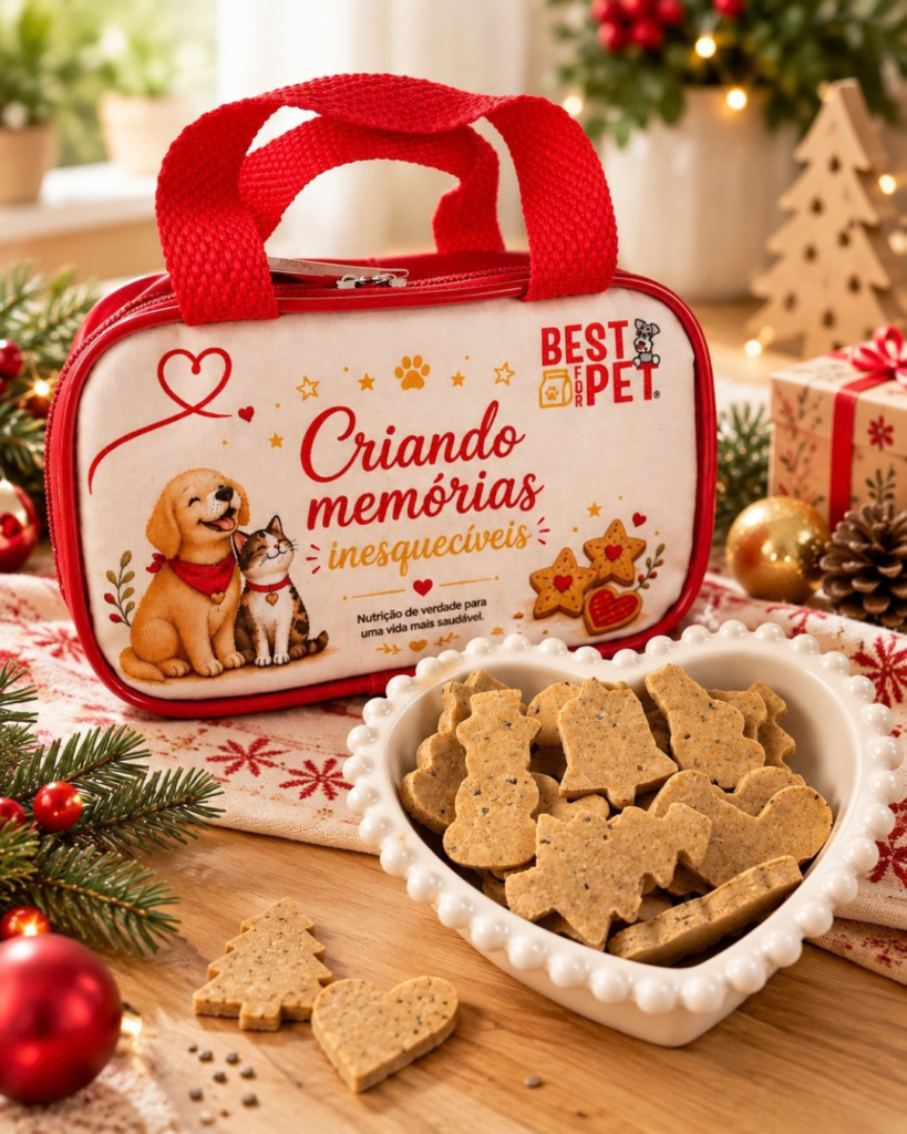 Biscoitos natalinos em formatos variados ao lado da bolsinha Best For Pet com alças vermelhas e zíper