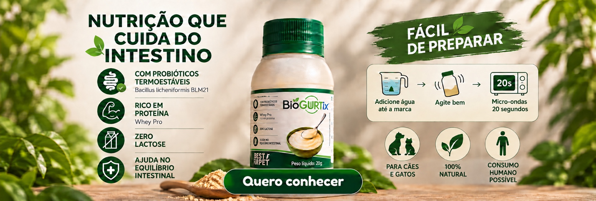 BioGurtix 20g para cães e gatos. Adicione água até a marca, agite bem e leve ao micro-ondas por 20 segundos.