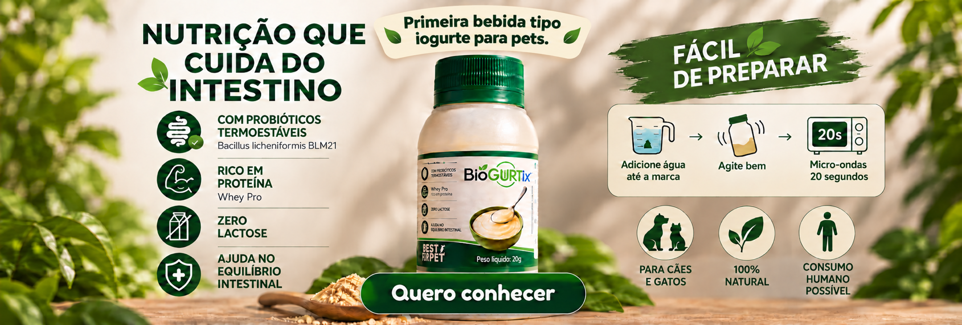 BioGurtix 20g: Primeira bebida tipo iogurte para pets. Adicione água até a marca, agite bem e leve ao micro-ondas por 20 segundos.
