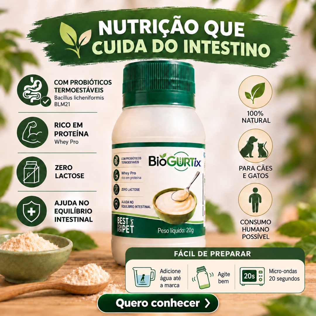 BioGurtix 20g para cães e gatos. Adicione água até a marca, agite bem e leve ao micro-ondas por 20 segundos.